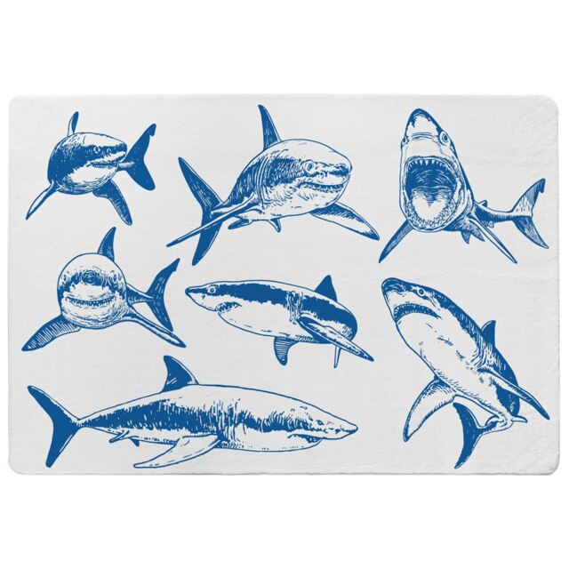 Graphical set of blue sharks isolated on white background (Rug) by ...