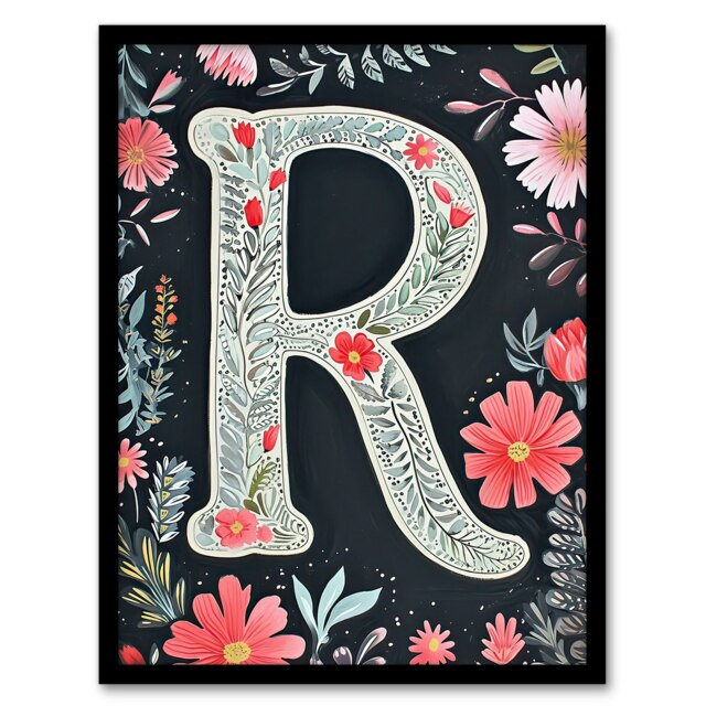 Letter R Flowers Floral Bold Birthday Gift Mum Black Framed Wall Art ...
