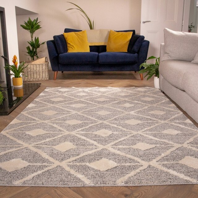 Kukoon grey cream diamond loop pile living room area rug 190cm x 280cm ...