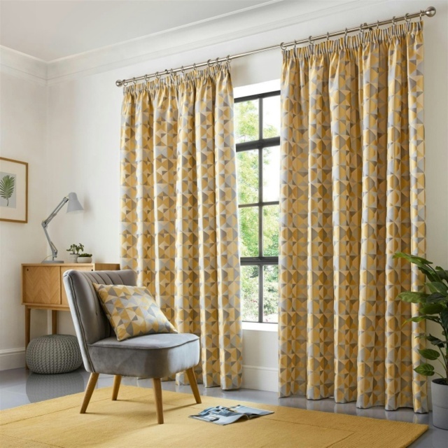 Scandi Pencil Pleat Taped Lined Curtains - 229Cm X 274Cm - Ochre/silver ...