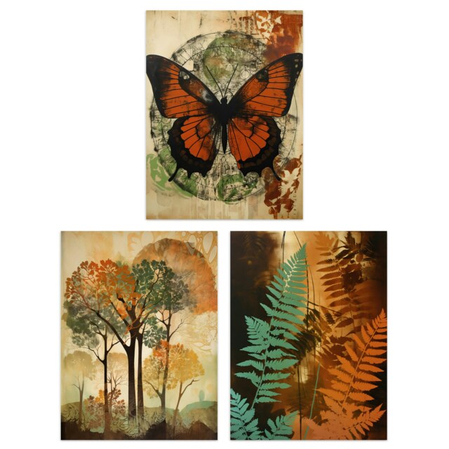 Set of 3 vintage botanical art tree fern butterfly living room wall art ...