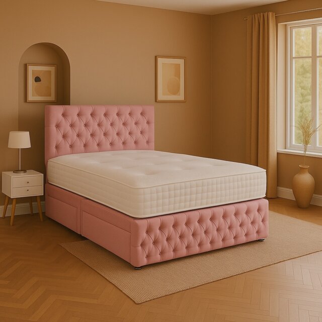 Pink chestefield crystal plush 4ft6 double divan bed set headboard ...