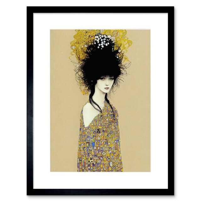 "Woman Klimt Style Dress Gold Black Painting 9x7"" Black Framed Wall ...