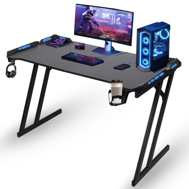 Led Computer Gamer LED Computer Gaming Desk 140 x 60cm with LED RGB Lights, Cup Holder and ...