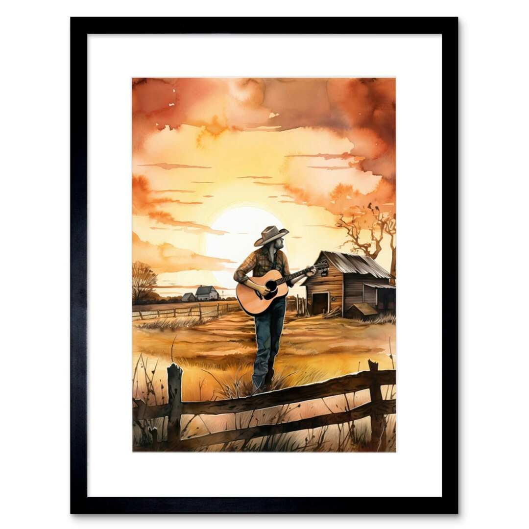 Country Music Guitar Countryside Farm Sunset 9x7