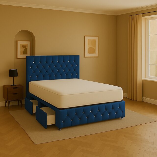 Blue chestefield crystal plush 4ft small double divan bed set headboard ...