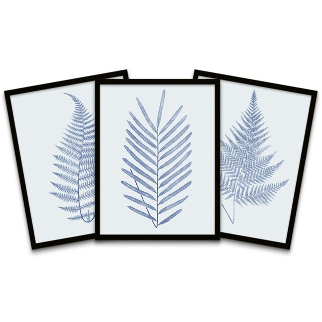 Botanics Cobalt Blue Grey Leaves Ferns Nature Framed Pack Of 3 Wall art ...