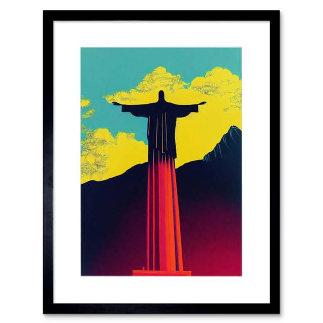 "Christ Redeemer Statue Rio Brazil Pop Art 9x7"" Black Framed Wall Art ...