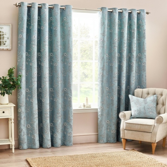 Wylder Floral Jacquard Blue Eyelet Curtains 229 X 229Cm by Tesco ...
