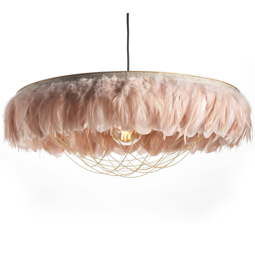 Soft Pink Feather Pendant Light Brass 
