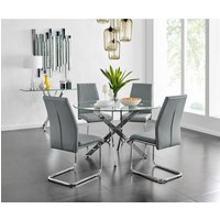 View of Novara Chrome Metal Glass Large Round Dining Table with 4 Lorenzo ...