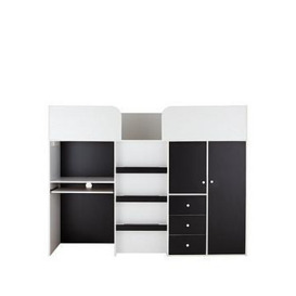Miami Fresh Mid Sleeper with 3 Drawers 2 Cupboards &amp Pull Out Desk and Mattress Options - Black - Bed Frame Only, Black