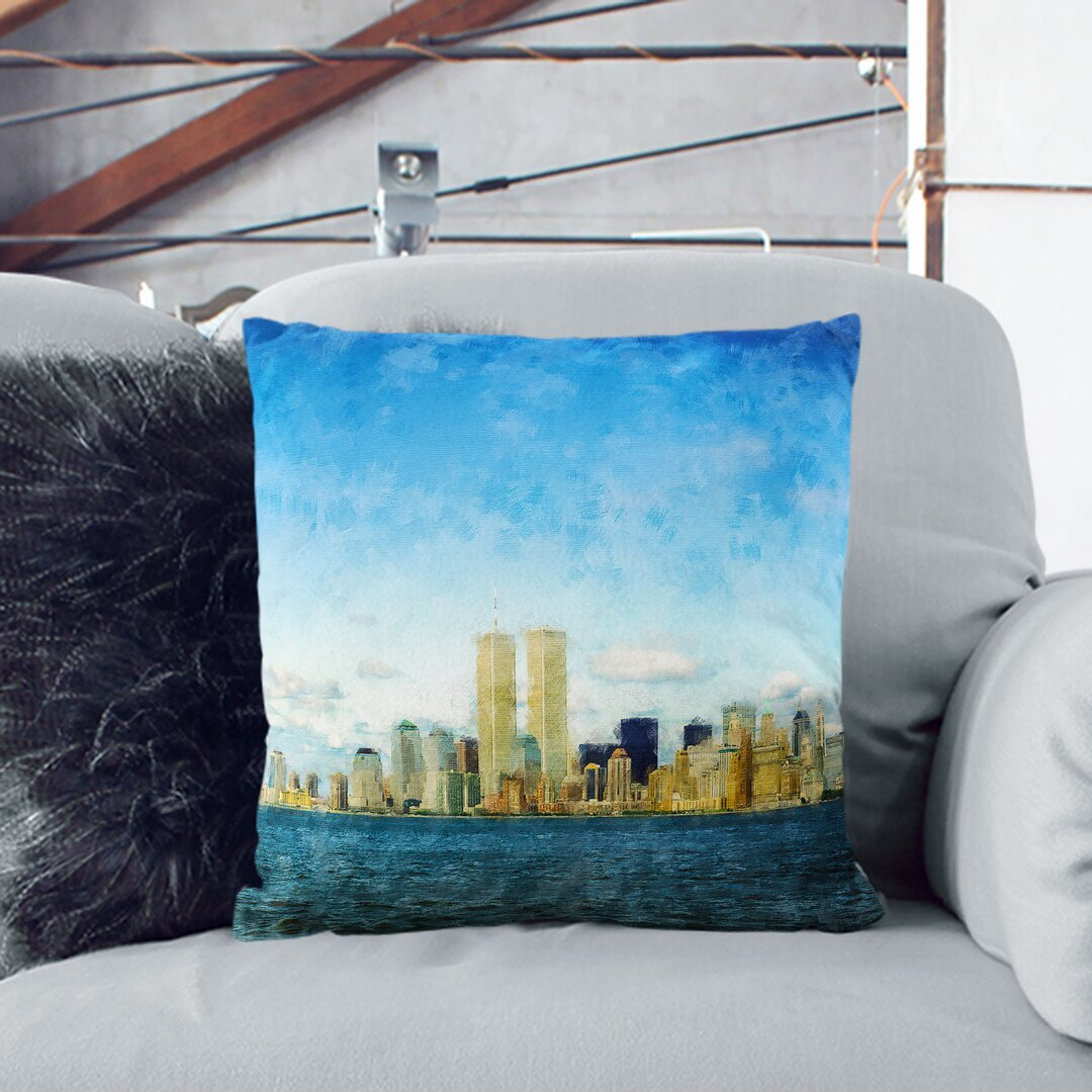 New York Skyline with the Twin Towers Painting Cushion with Filling by ...