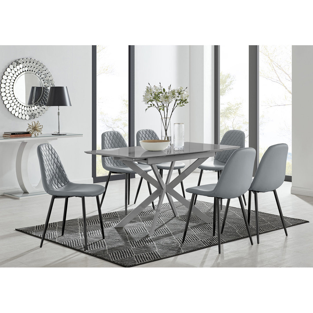 Eubanks Modern High Gloss Extendable Dining Table Set with x6 Luxury ...