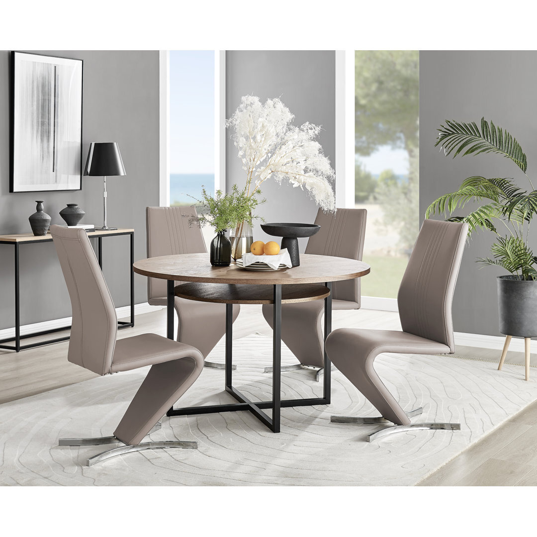 Adler Modern Wooden Round Dining Table Set with Shelf & 4 Modern Faux ...