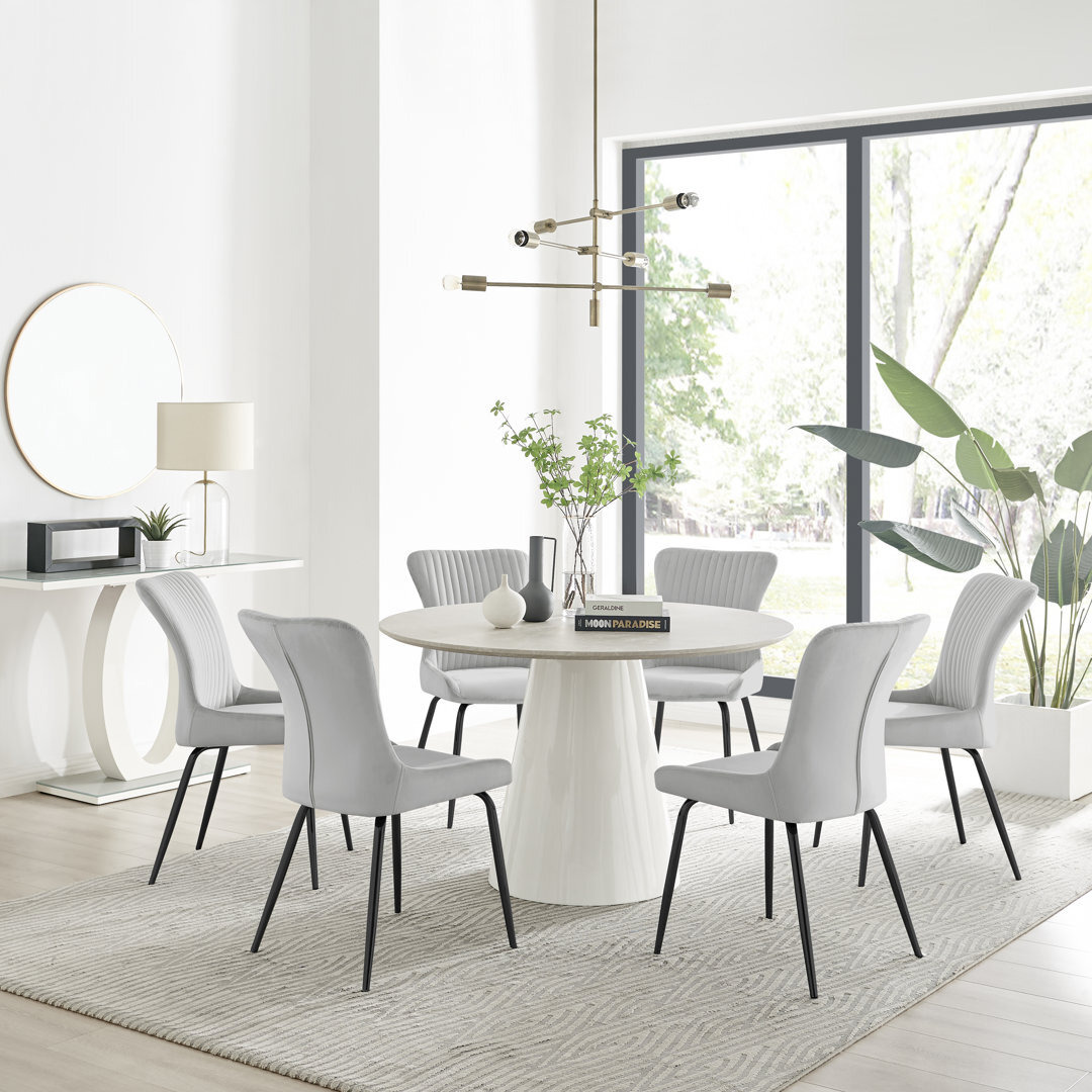 Edzard Statement 6 Person Round Dining Table Set in Luxury Stone Effect - Velvet Dining Chairs ...