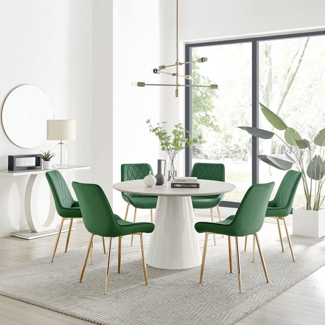 Edzard Statement 6 Person Round Dining Table Set in Luxury Stone Effect - Velvet Dining Chairs ...