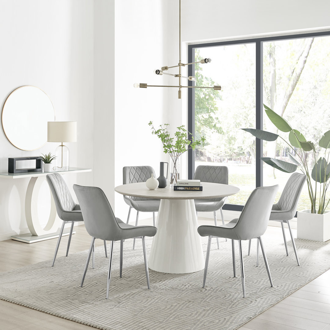 Edzard Statement 6 Person Round Dining Table Set in Luxury Stone Effect ...