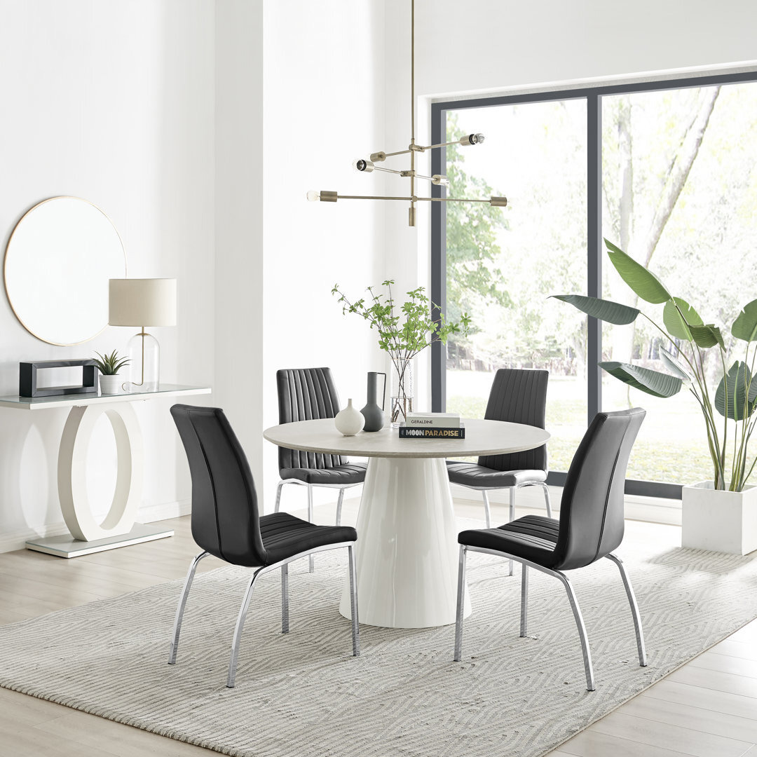 Edzard Statement Round Dining Table Set in Luxury Beige Stone Effect ...