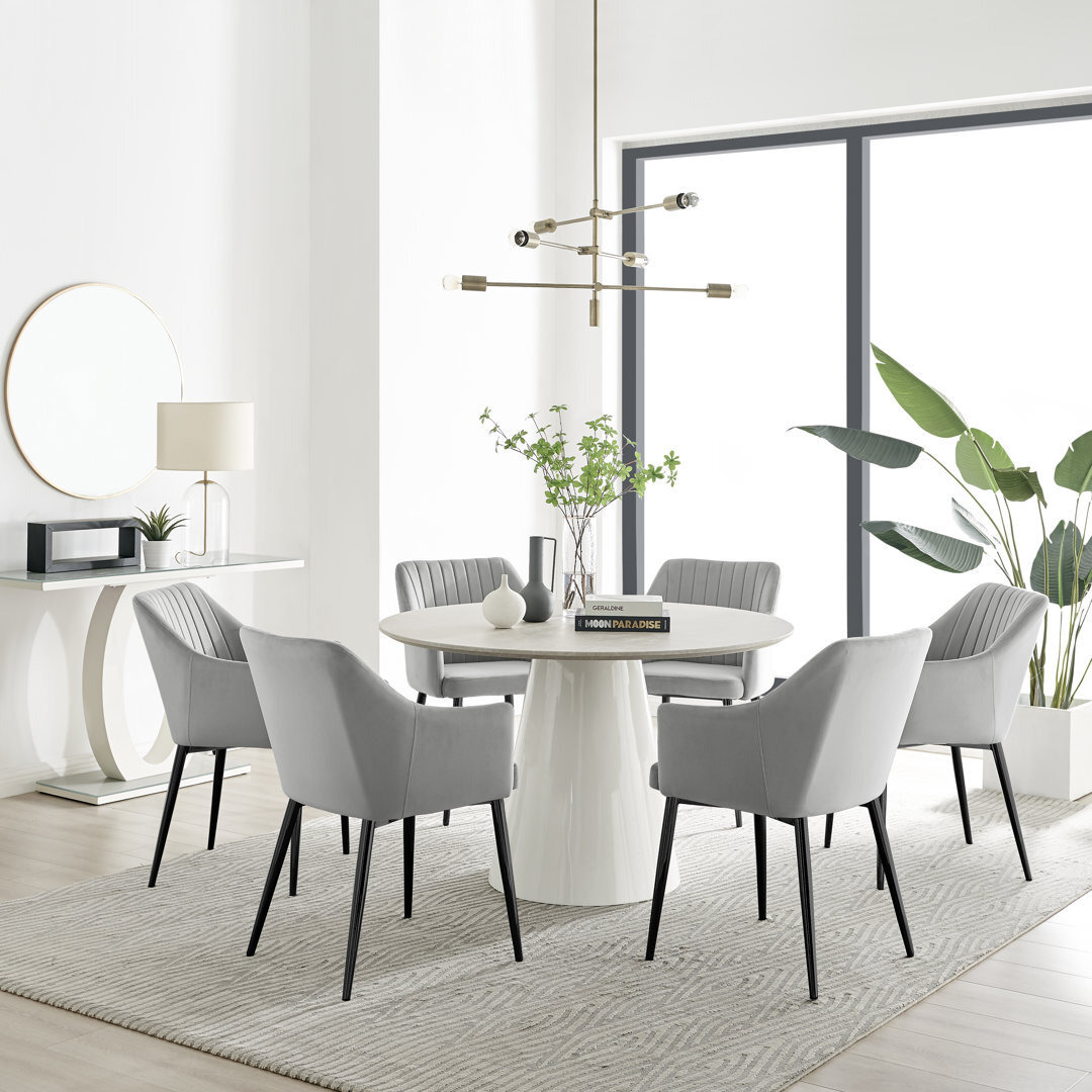 Edzard Statement 6 Person Round Dining Table Set in Luxury Stone Effect ...