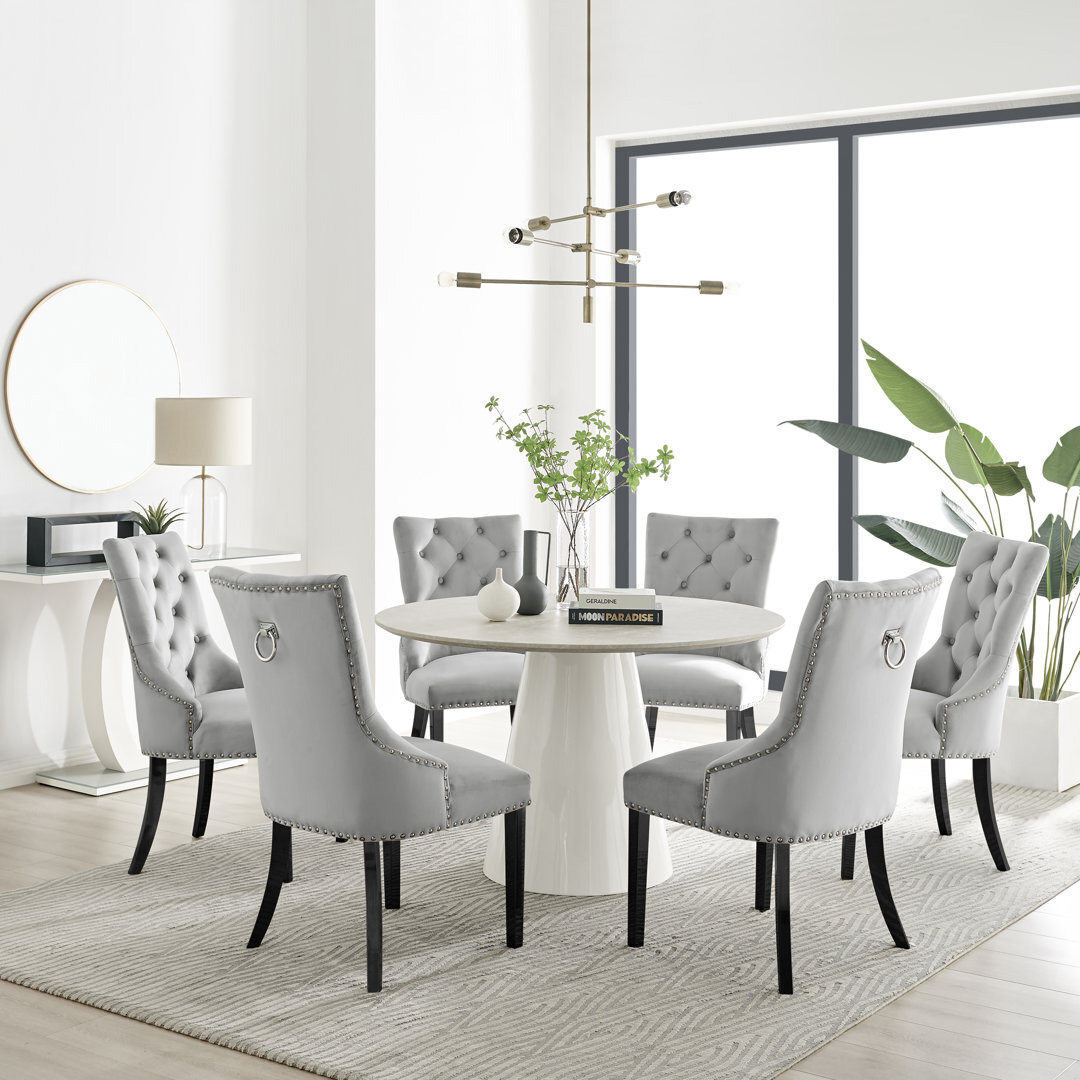 Edzard Statement 6 Person Round Dining Table Set in Luxury Stone Effect - Velvet Dining Chairs ...