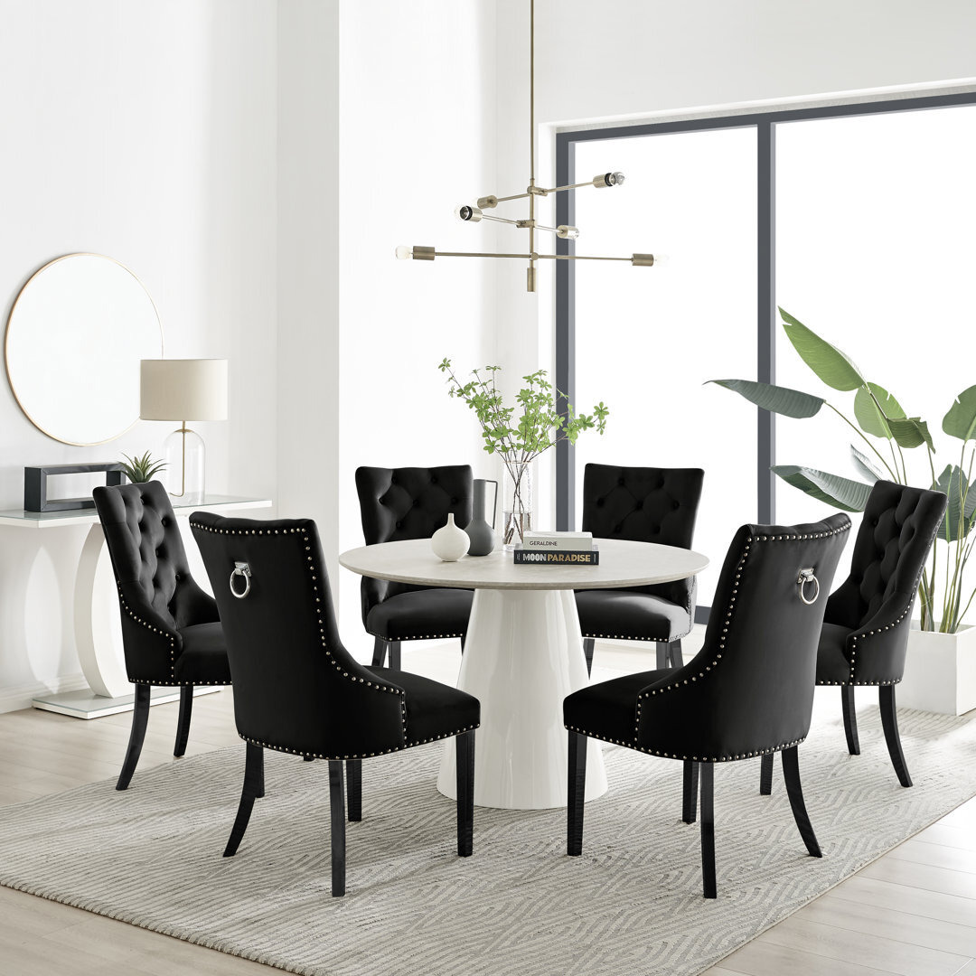 Edzard Statement 6 Person Round Dining Table Set in Luxury Stone Effect - Velvet Dining Chairs ...