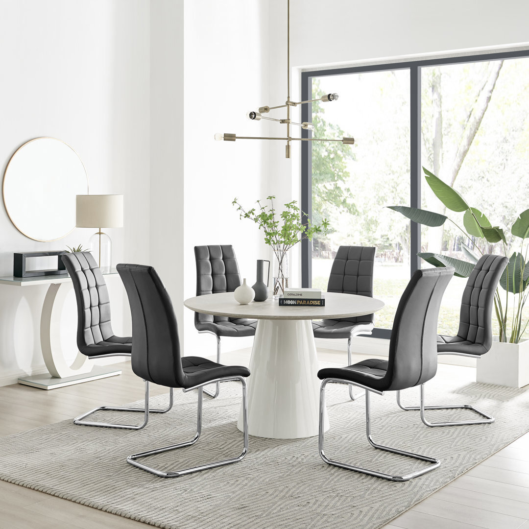 Edzard Statement 6 Person Round Dining Table Set in Luxury Beige Stone Effect - Faux Leather ...