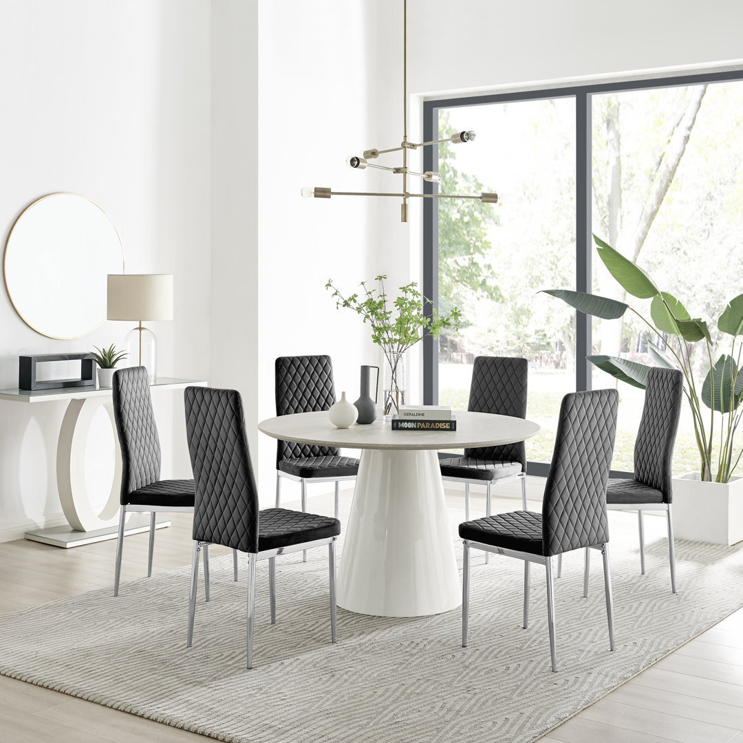 Edzard Statement 6 Person Round Dining Table Set in Luxury Stone Effect ...