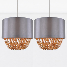 Set Of 2 Grey Faux Silk & Copper Jewelled Ceiling Light Shades