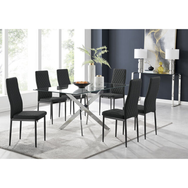 Lenworth Glass Rectangular Dining Table Set with 6 Quilted Faux Leather ...