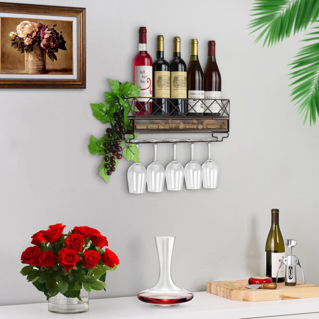 Aeiden 5 Bottle Wall Mounted Wine Bottle & Glass Rack in Black by ...
