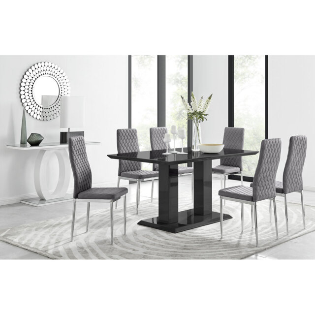 Edzard Double Pedestal High Gloss Dining Table Set with x6 Luxury ...