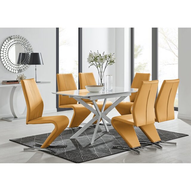 Eubanks Modern High Gloss Extendable Dining Table Set with x6 Luxury ...