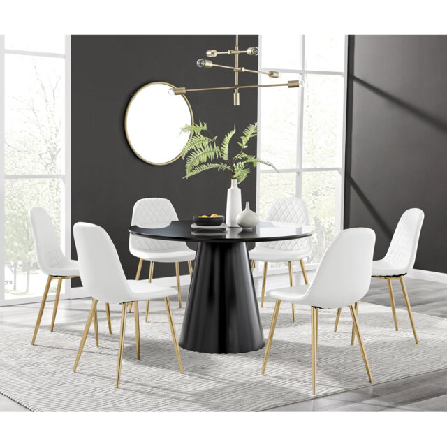 Edzard Statement Pedestal Round Dining Table Set & 6 Luxury Faux ...