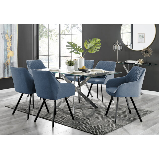 Lenworth Chrome and Glass Rectangular Dining Table Set with 6 Luxury ...