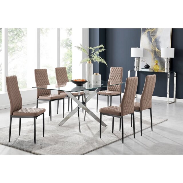 Lenworth Glass Rectangular Dining Table Set with 6 Quilted Faux Leather ...