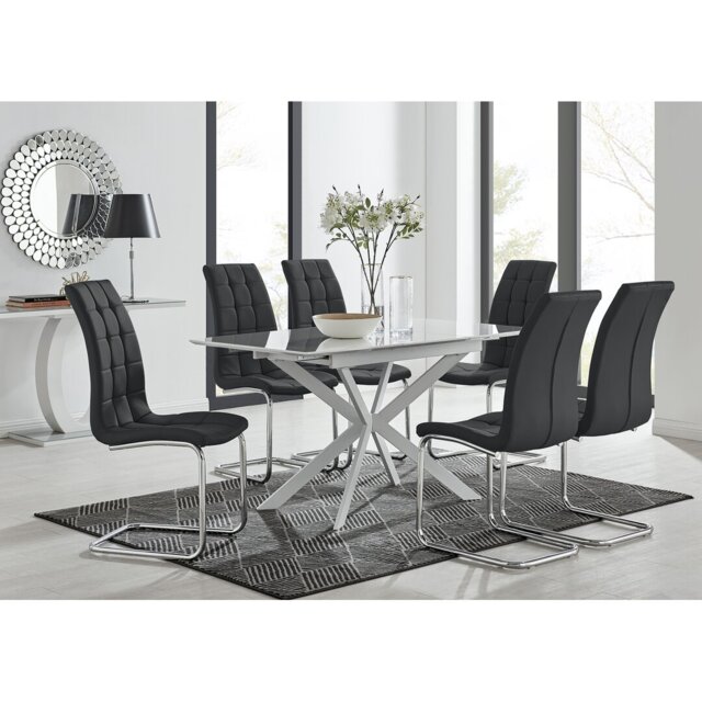 Eubanks Modern High Gloss Extendable Dining Table Set with x6 Luxury ...