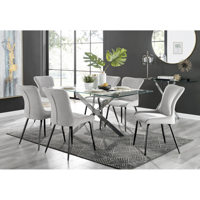 Lenworth Chrome and Glass Rectangular Dining Table Set with 6 Luxury ...