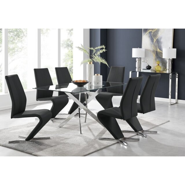Lenworth Chrome and Glass Rectangular Dining Table Set with 6 Modern ...