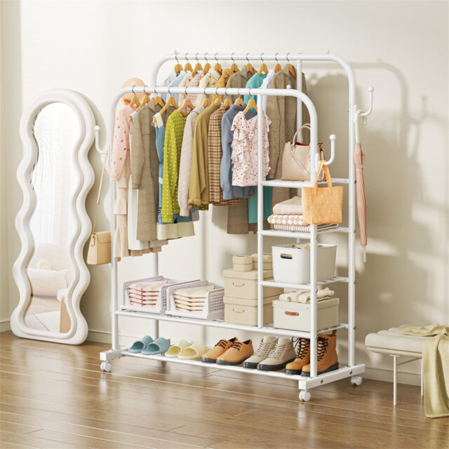 Bedroom Rak Metal Heavy Duty Clothes Rack With Double Hanging Clothing Rail, Shoe ...