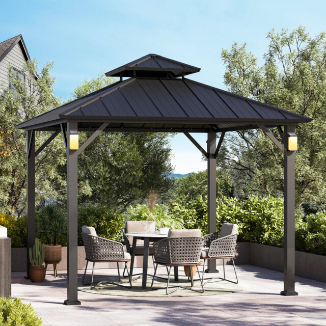 Pavillian Rous Rowan 10' X 10' Double Hard Top Outdoor Patio Gazebo With Solar Self ...