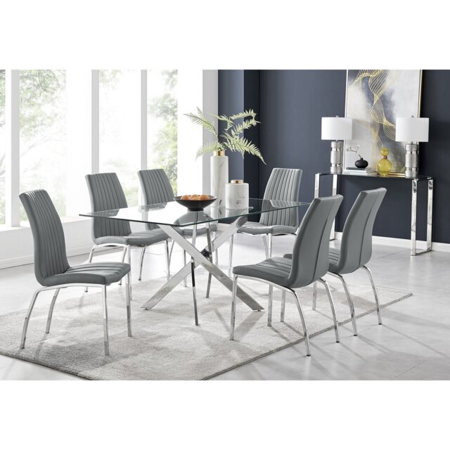 Lenworth Chrome and Glass Rectangular Dining Table Set with 6 Soft ...