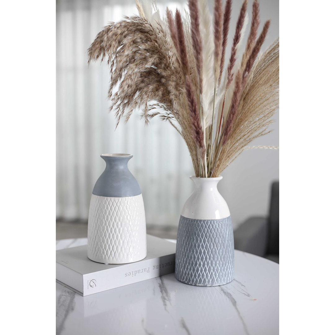 Set Of 2 Grey White Vases For Gifts, Decorative Ceramic Scandi