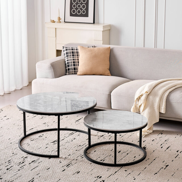 Stylish Nesting Coffee Table Set - 2 Round Tables - Black Metal Legs ...