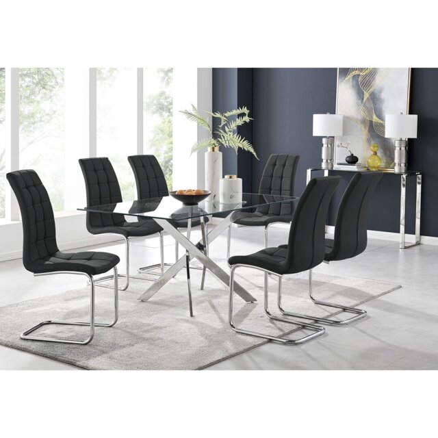 Lenworth Chrome and Glass Rectangular Dining Table Set with 6 Modern ...