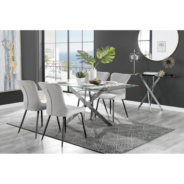 Lenworth Chrome and Glass Rectangular Dining Table Set with 4 Luxury ...