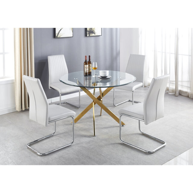 Image showcasing Tierra Modern Chrome Metal & Glass Round Dining Table Set with 4 ...