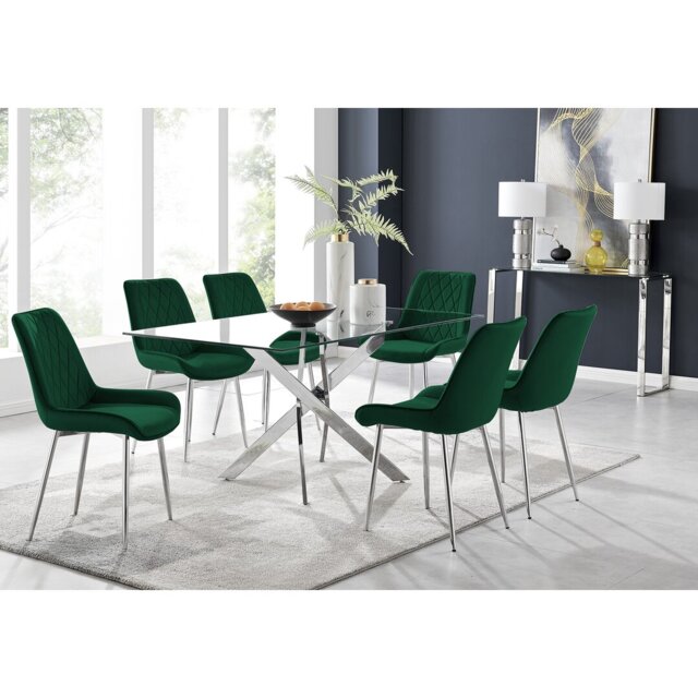 Lenworth Chrome and Glass Rectangular Dining Table Set with 6 Luxury ...
