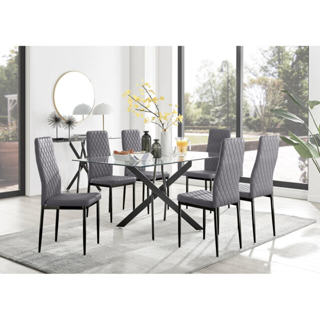 Lenworth Glass Rectangular Dining Table Set with 6 Quilted Velvet ...