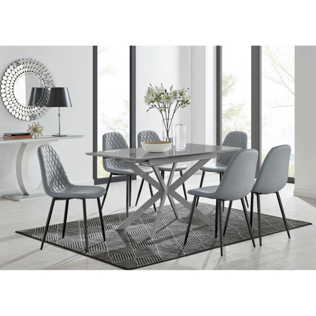 Eubanks Modern High Gloss Extendable Dining Table Set with x6 Luxury ...
